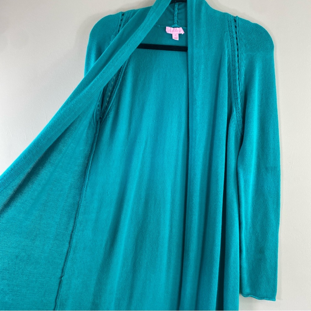 Lilly‎ Pulitzer Women’s Turquoise Fringe Open Front Longline Cardigan Sz M - Picture 4 of 13